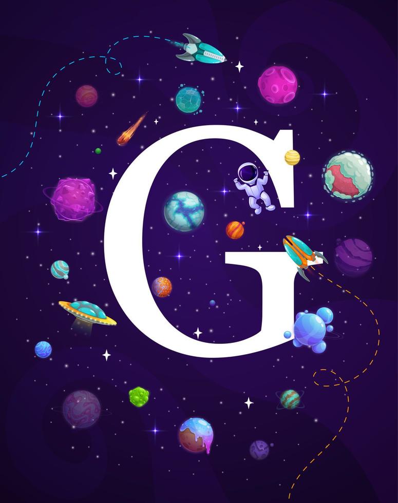 tekenfilm ruimte brief g, astronomie abc achtergrond vector