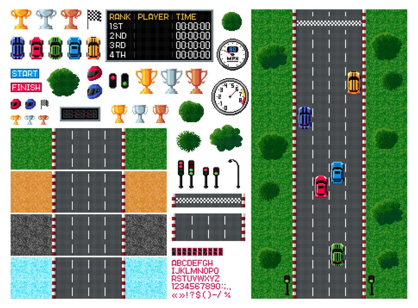 pixel ras, speelhal spel top visie, 8 beetje auto racing vector