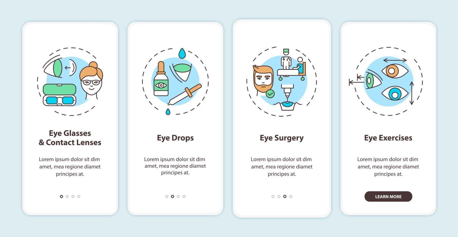 oogziekten behandelingsmethoden onboarding mobiele app-paginascherm met concepten vector