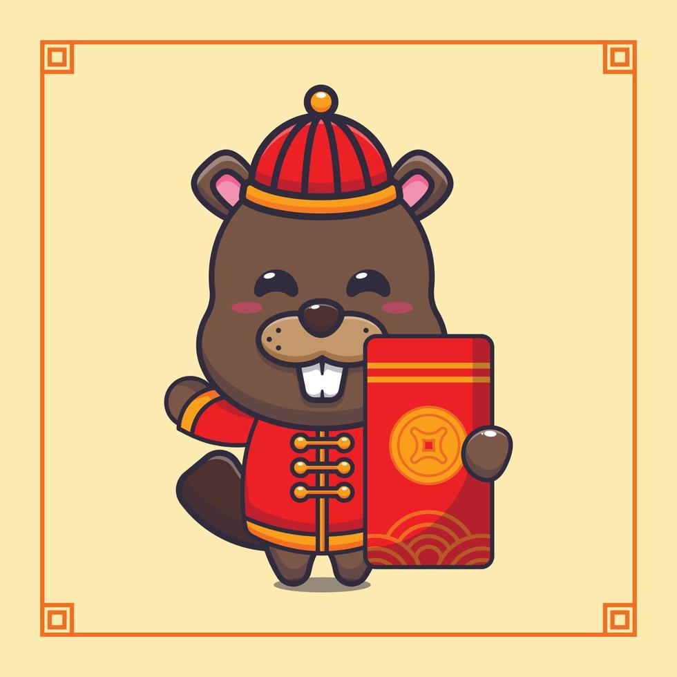 schattig bever met groot rood envelop in Chinese nieuw jaar. vector