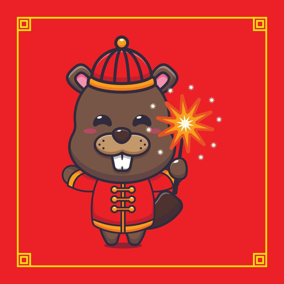 schattig bever spelen vuurwerk in Chinese nieuw jaar. vector