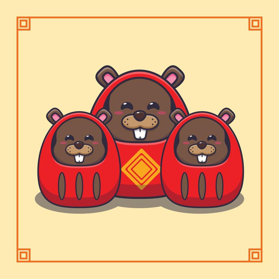 schattig bever met Daruma poppen kostuum in Chinese nieuw jaar. vector