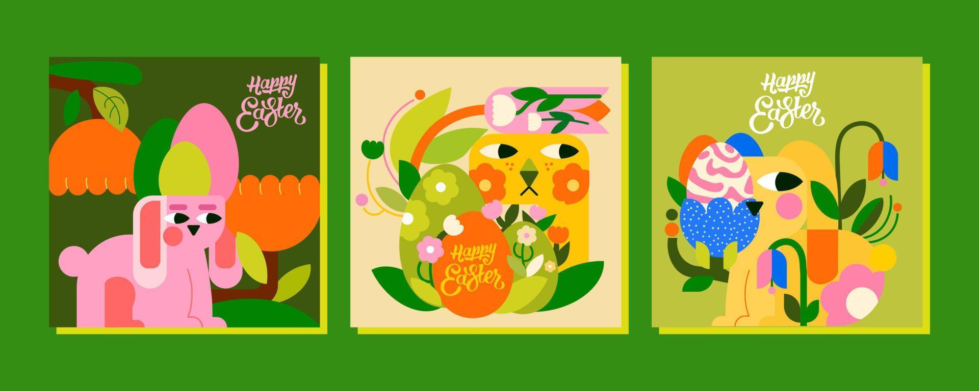 3 modern Sjablonen voor een gelukkig Pasen dag. konijntjes, Pasen eieren, bloemen. de ontwerp is gevulde met lente, vakantie en de komt eraan warmte. vector