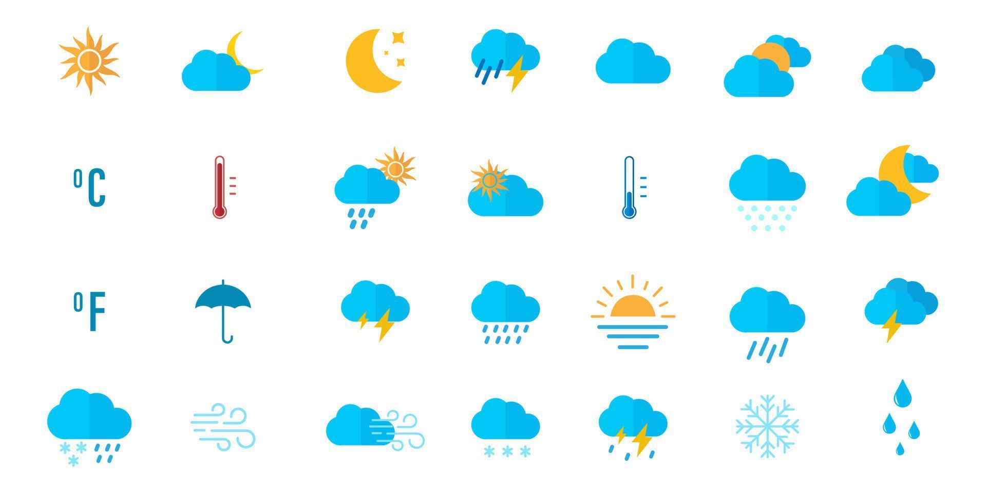 weer icoon set. zonnig, bewolkt, regenachtig, stormachtig, heet graden zon. seizoenen. vector illustratie