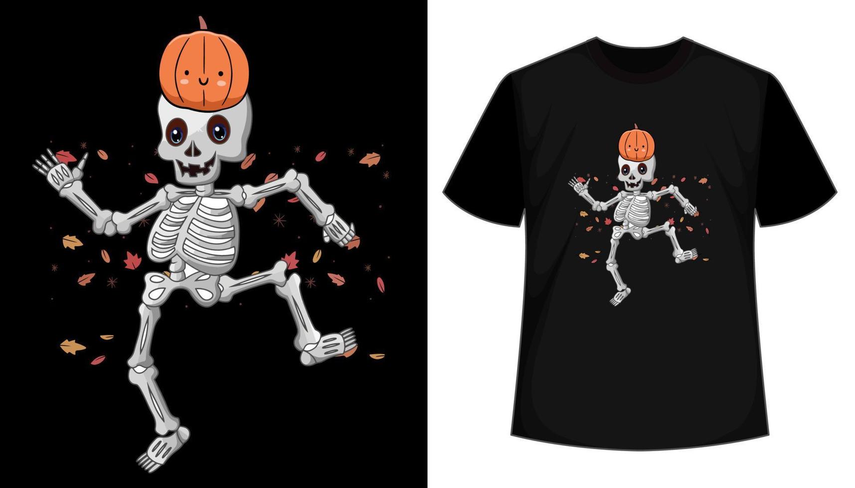 grappig skelet dansen vector t-shirt ontwerp met pompoen. grappig gelukkig halloween viering t-shirt ontwerp