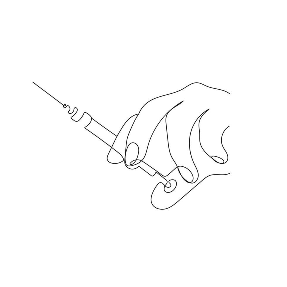 hand- Holding injectiespuit met naald. een lijn kunst. vaccinatie, Gezondheid zorg injectie. medisch concept. hand- getrokken vector illustratie.