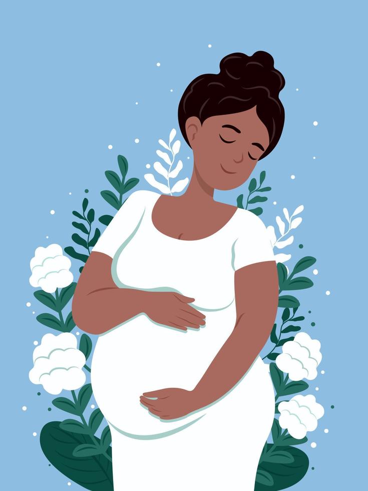 gezond zwangerschap. mooi zwanger zwart vrouw knuffels haar buik. de concept van zwangerschap en moederschap, vector vlak illustratie.