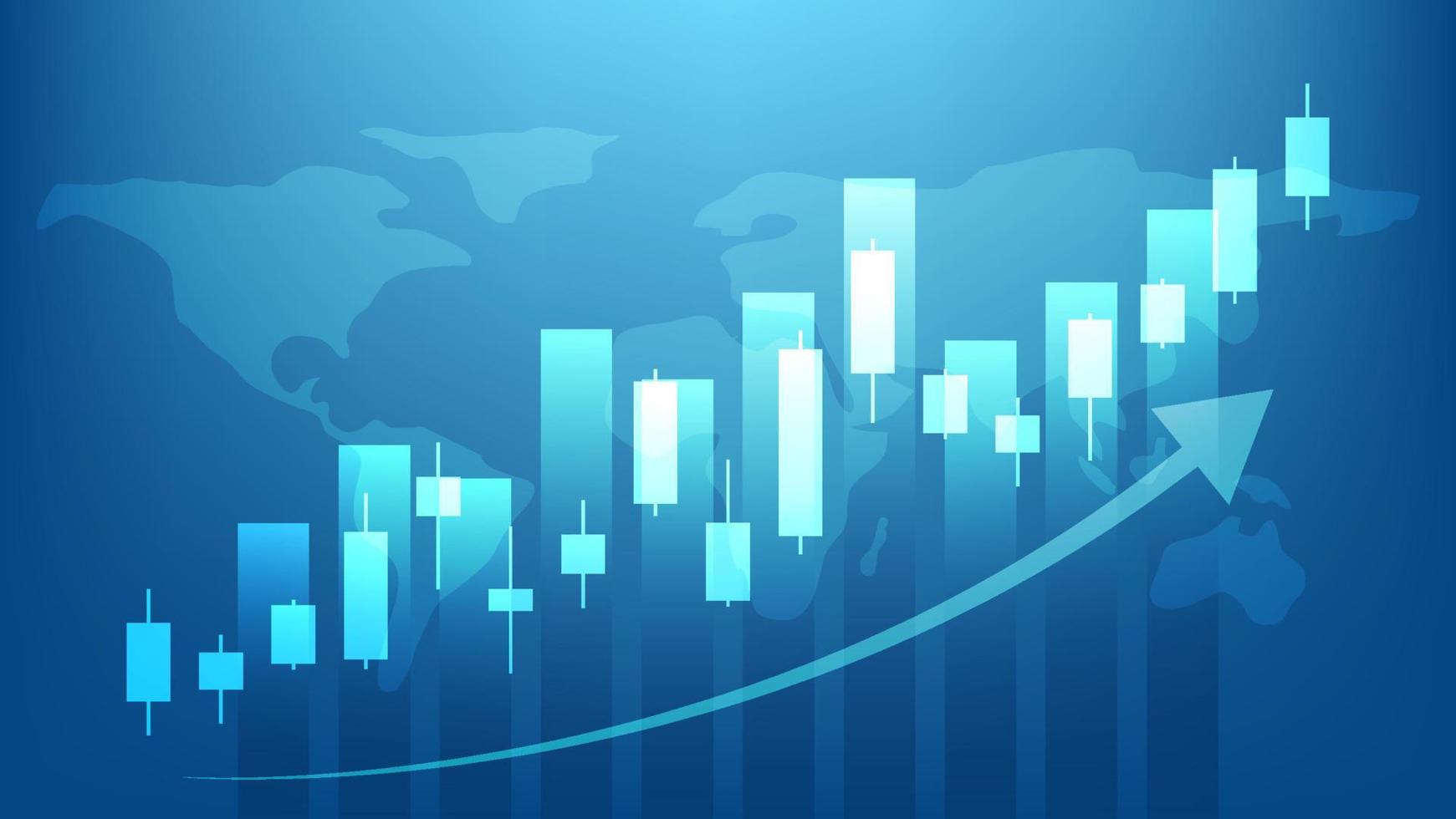 economie situatie concept. financieel bedrijf statistieken met bar diagram en kandelaar tabel tonen voorraad markt prijs en valuta uitwisseling Aan blauw achtergrond vector