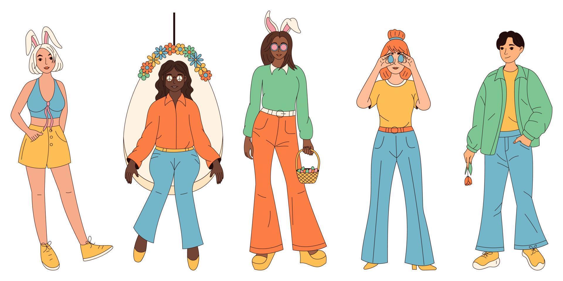 groovy hippie gelukkig Pasen karakters. reeks van mensen met een Pasen thema in modieus retro Jaren 60 jaren 70 tekenfilm stijl. vector