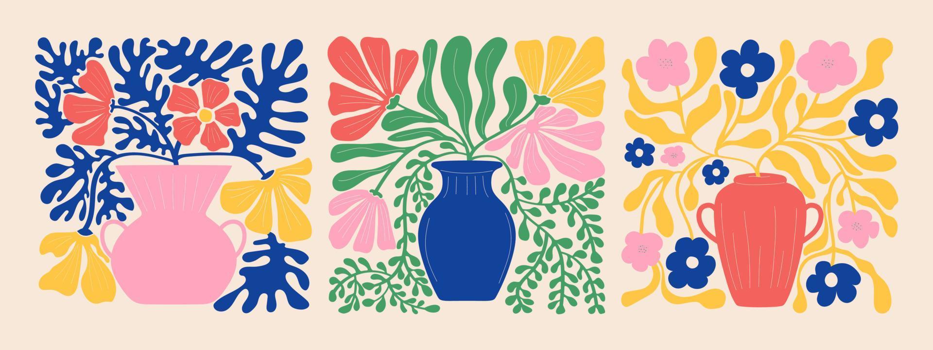 groovy tekening en abstract biologisch fabriek vormen kunst set. matisse bloemen posters in modieus retro Jaren 60 jaren 70 stijl. vector