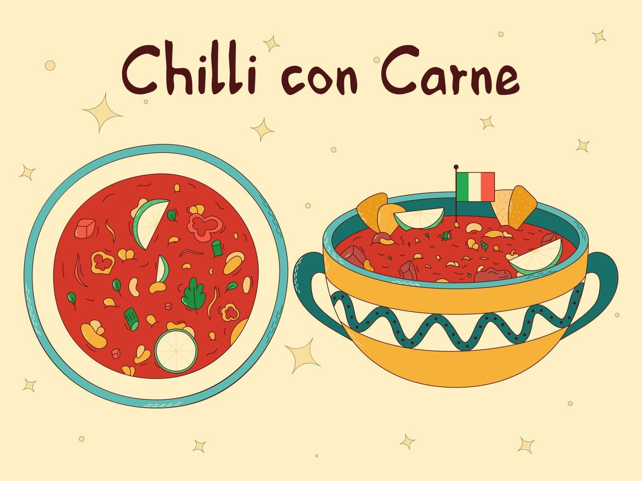 Mexicaans traditioneel voedsel. chili con carne. vector illustratie in hand- getrokken stijl