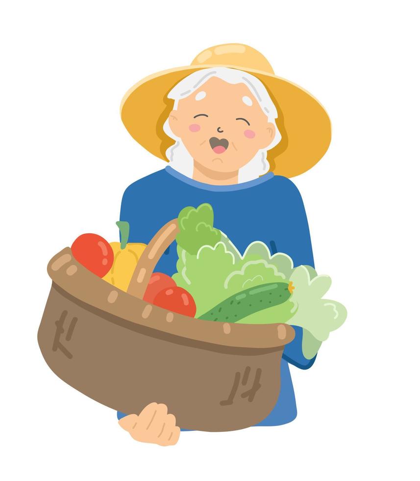 gelukkig grootmoeder Holding een mand van groenten. oogst in een mand. vector
