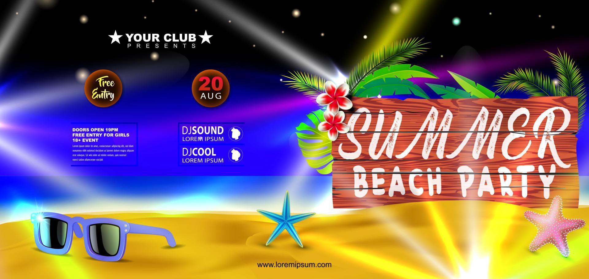 zomer strand partij banier folder ontwerp met zonnebril Aan tropisch eiland Bij nacht vector
