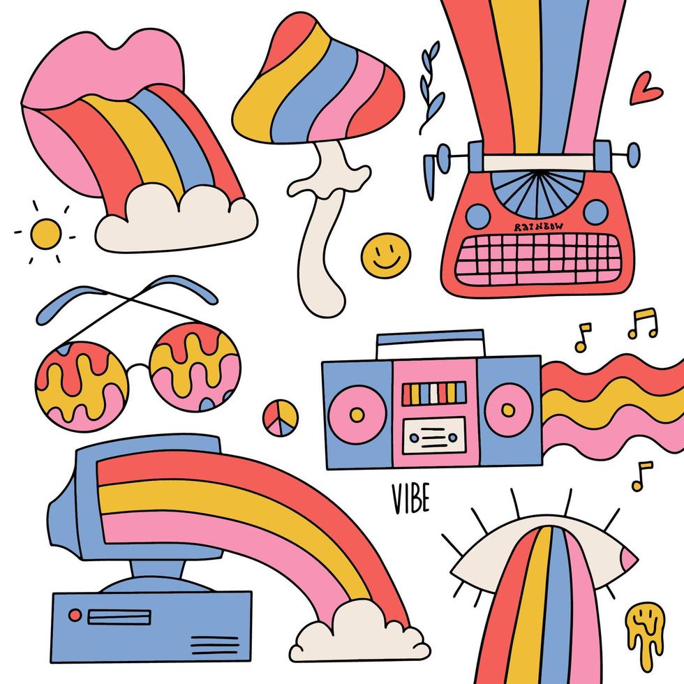 reeks van hipster groovy retro regenboog psychedelisch elementen. geweldig verzameling van trippy iriserend cliparts in jaren 70 wijnoogst stijl. neiging vector sticker illustratie. lippen, schrijfmachine, pc, oog