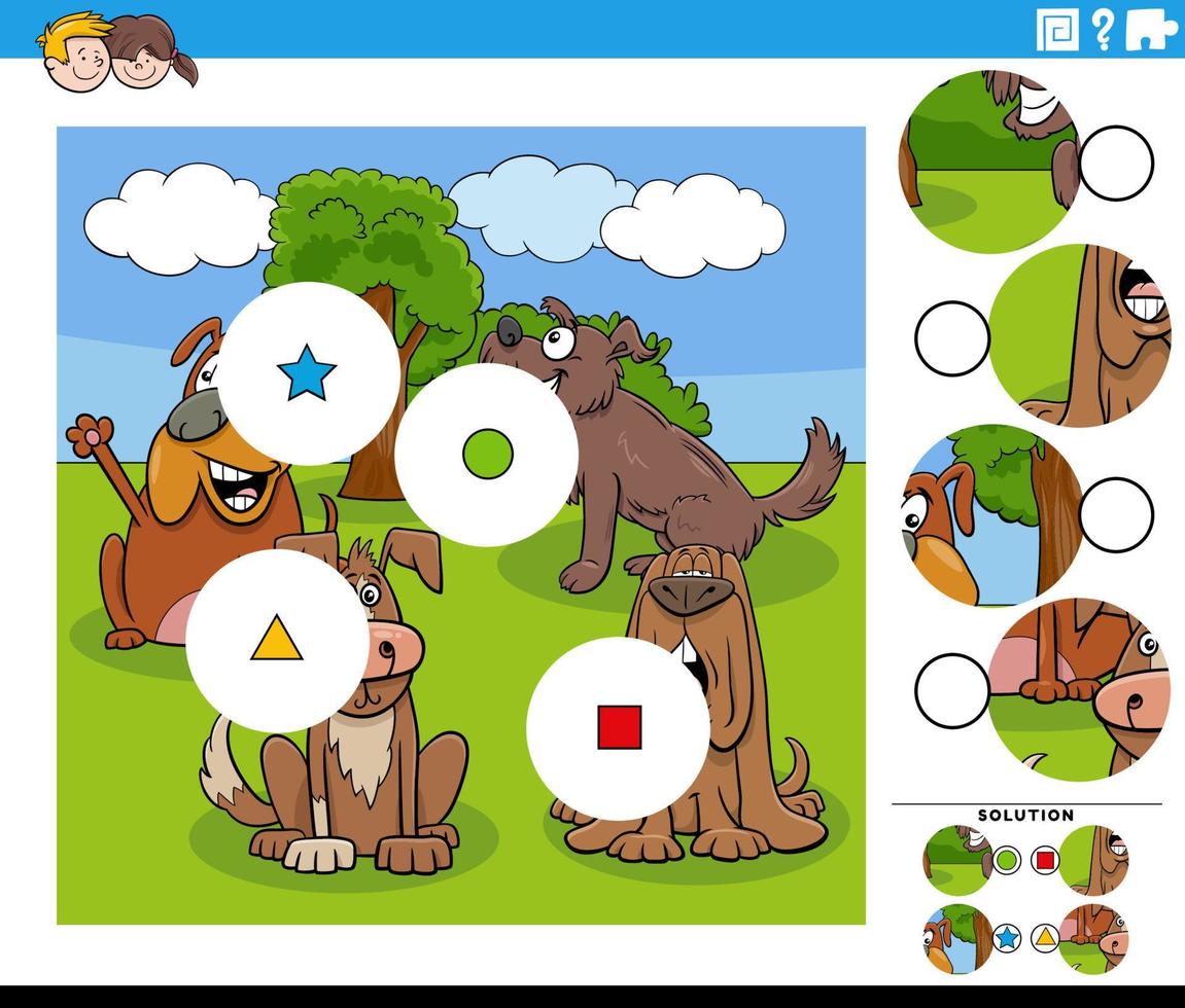 bij elkaar passen stukken taak met tekenfilm honden dier tekens vector
