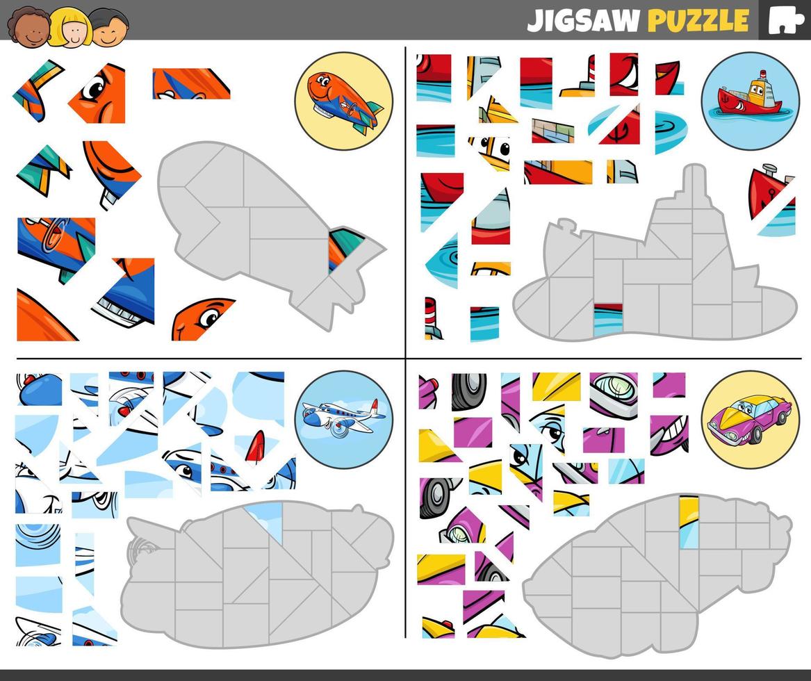 decoupeerzaag puzzel spellen reeks met grappig tekenfilm voertuigen vector