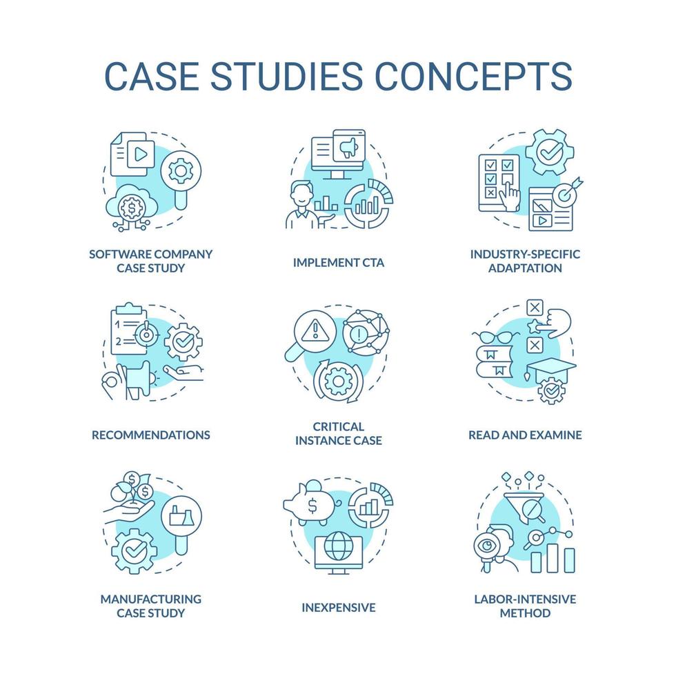 geval studies turkoois concept pictogrammen set. examen van evenementen. onderzoeken werkwijze idee dun lijn kleur illustraties. geïsoleerd symbolen. bewerkbare beroerte vector