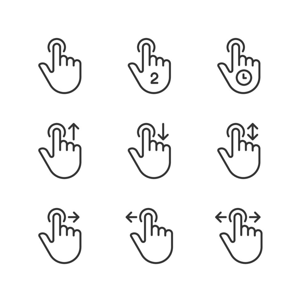 touch screen controle pixel perfect lineair pictogrammen set. navigatie gebaren. smartphone en tablet. aanpasbare dun lijn symbolen. geïsoleerd vector schets illustraties. bewerkbare beroerte