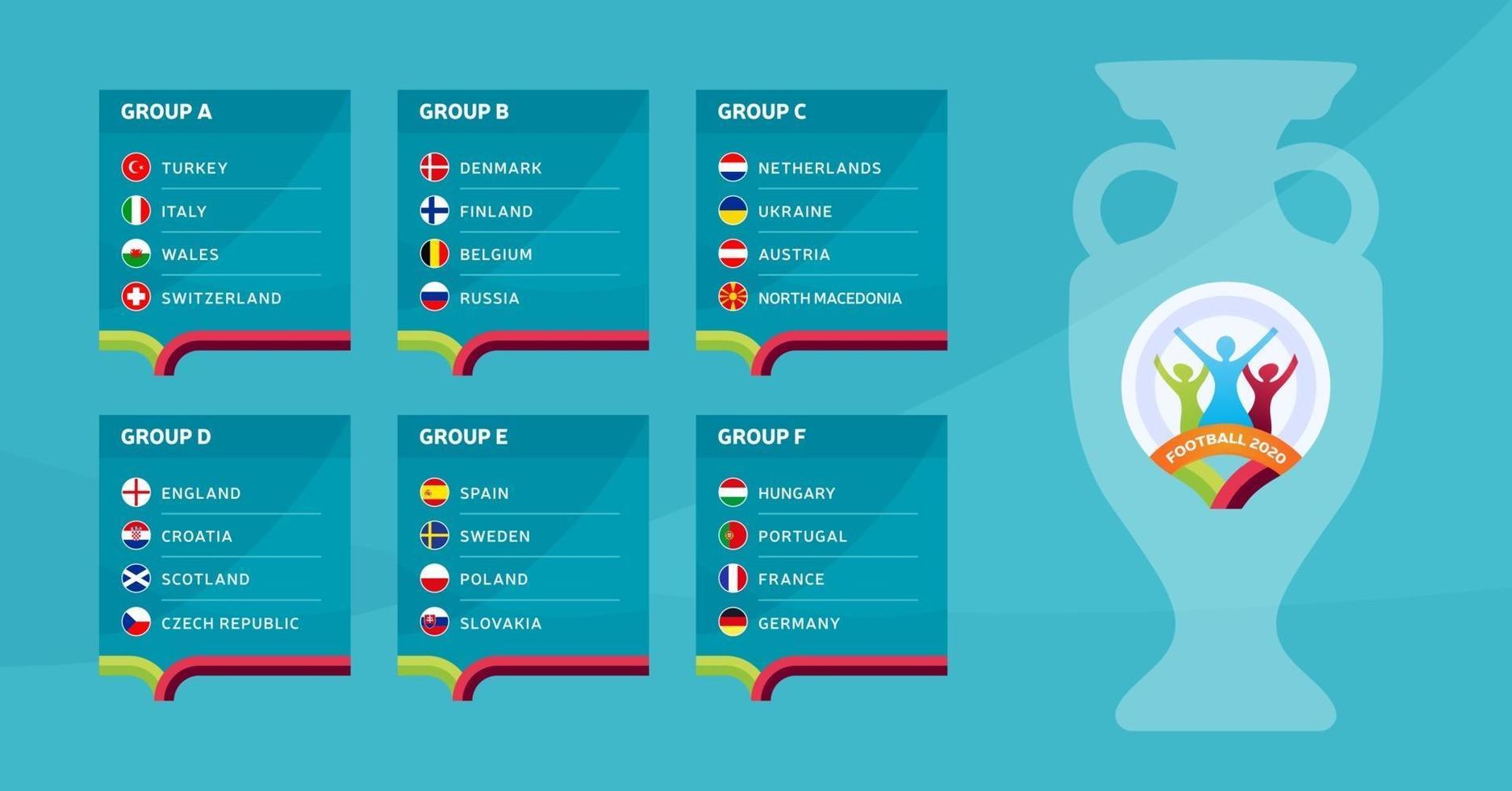 Europees voetbal 2020 toernooi laatste fase groepen vector stock illustratie. Europees voetbaltoernooi 2020 met achtergrond. vector land vlaggen
