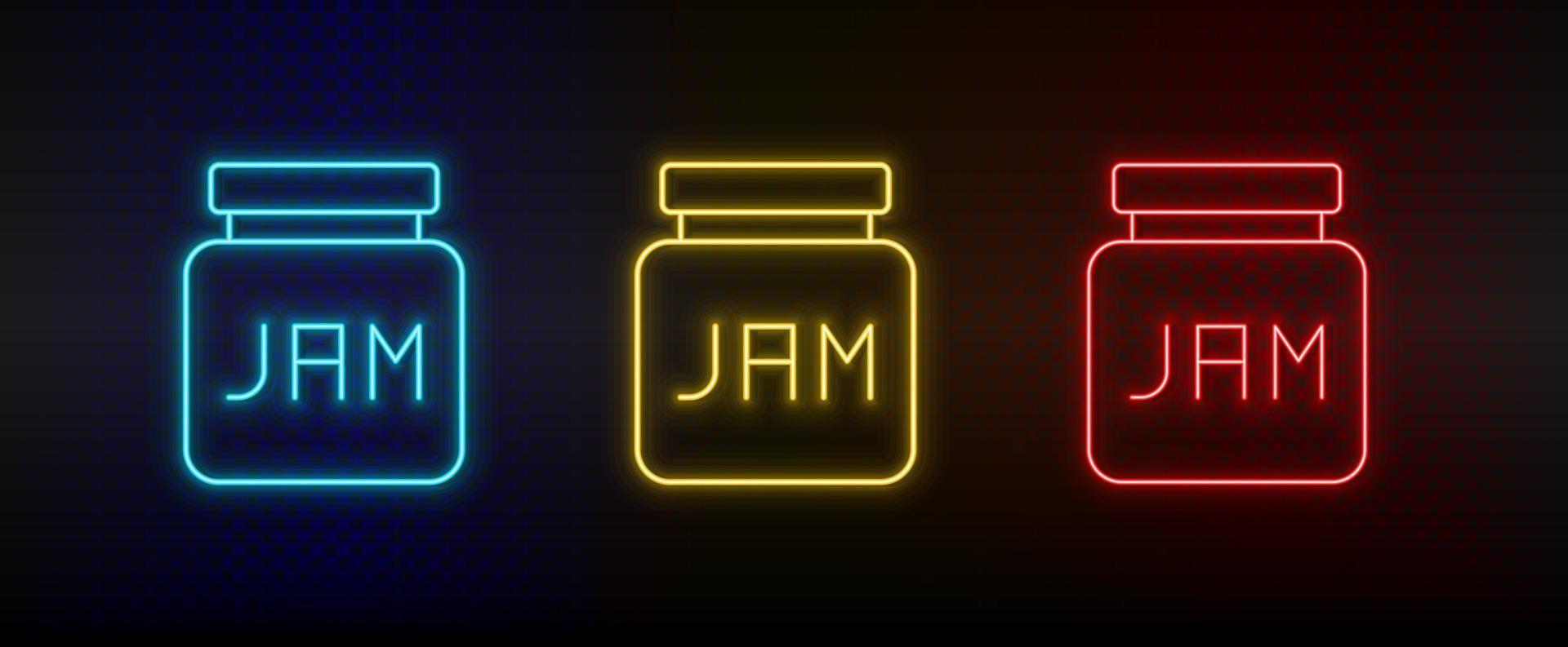 neon icoon reeks jam. reeks van rood, blauw, geel neon vector icoon Aan donker achtergrond