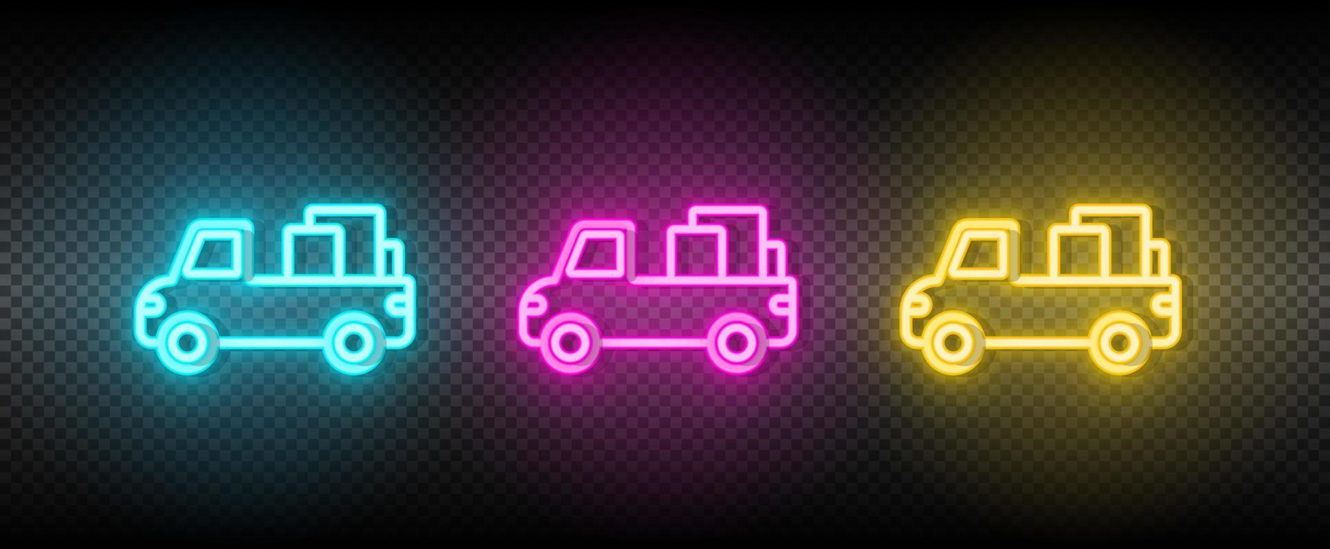 vrachtwagen, lading neon icoon set. media afzet vector illustratie neon blauw, geel, rood icoon reeks