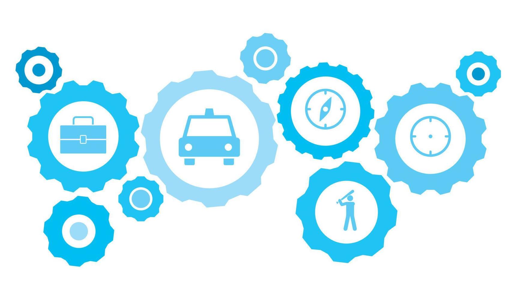 kijkgat uitrusting blauw icoon set. abstract achtergrond met verbonden versnellingen en pictogrammen voor logistiek, onderhoud, Verzenden, verdeling, vervoer, markt, communiceren concepten vector