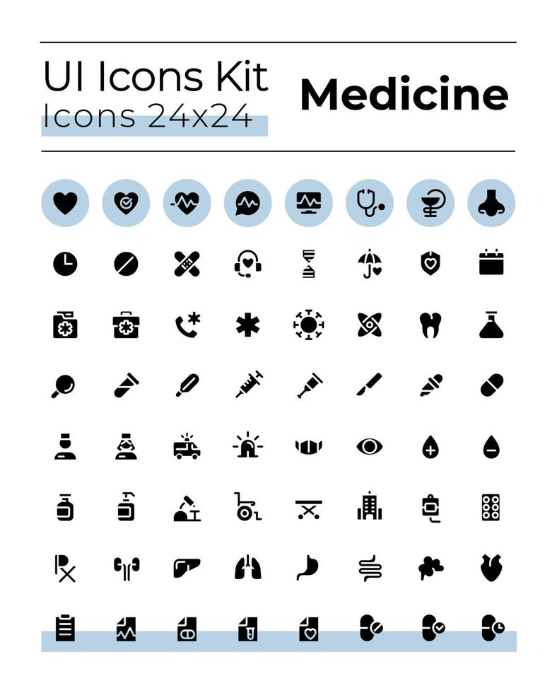 geneeskunde verwant zwart glyph ui pictogrammen set. ziekenhuis en kliniek. silhouet symbolen Aan wit ruimte. solide pictogrammen voor web, mobiel. geïsoleerd vector illustraties