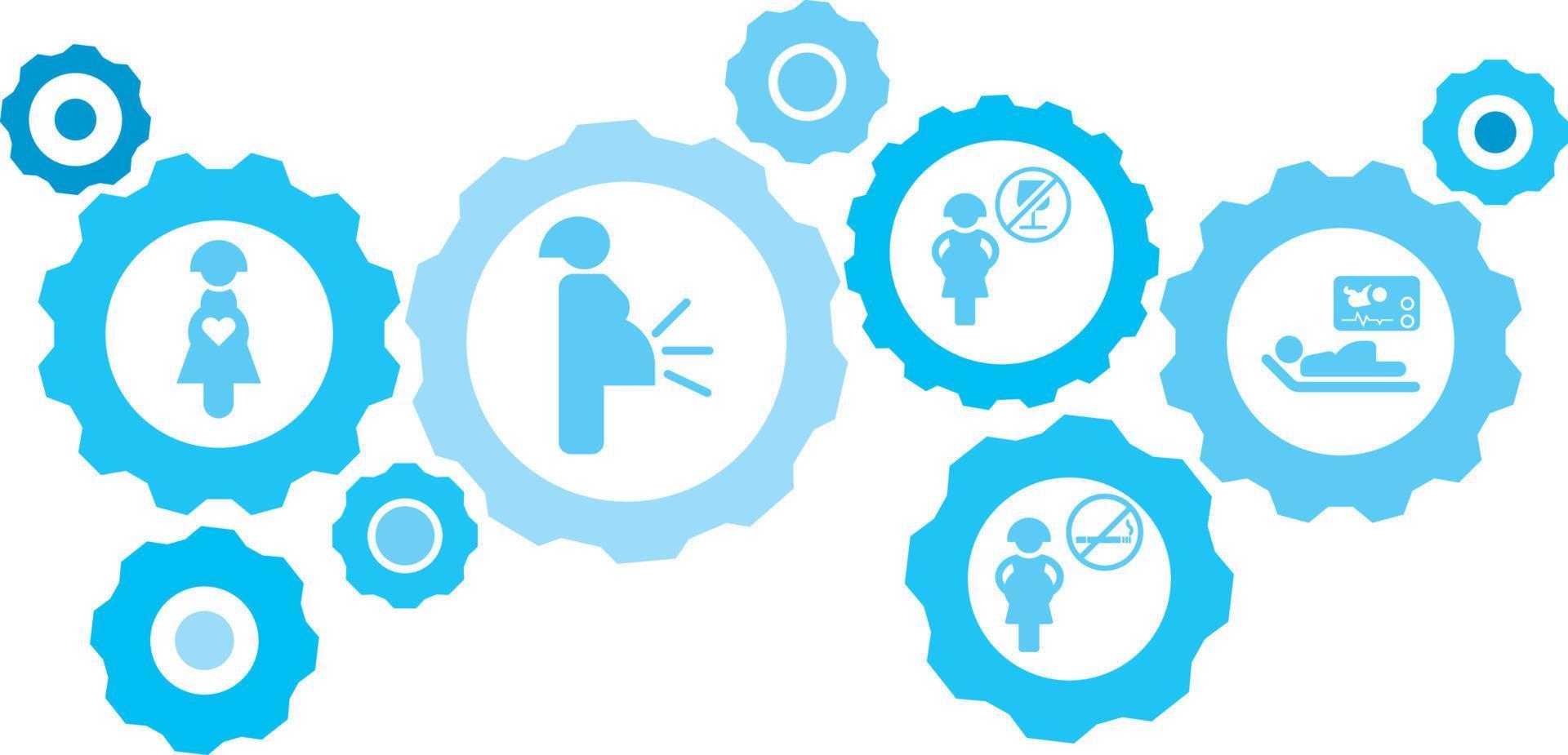 verbonden versnellingen en vector pictogrammen voor logistiek, onderhoud, Verzenden, verdeling, vervoer, markt, communiceren concepten. zwanger testen, baby, röntgen uitrusting blauw icoon set.