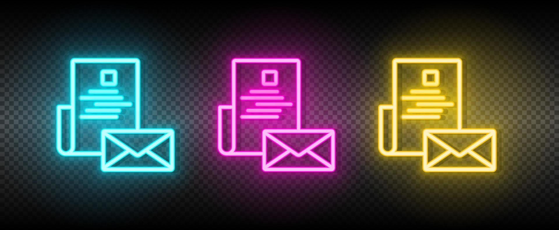 e-mail, post neon icoon set. media afzet vector illustratie neon blauw, geel, rood icoon reeks