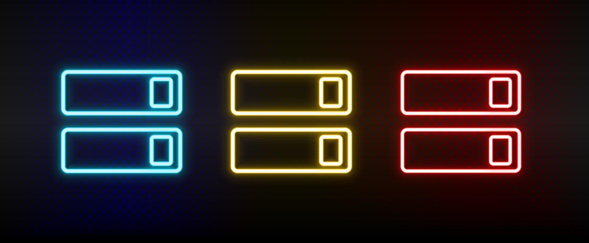 inschakelen, Aan, schakelaar neon icoon set. reeks van rood, blauw, geel neon vector icoon Aan donker transparant achtergrond