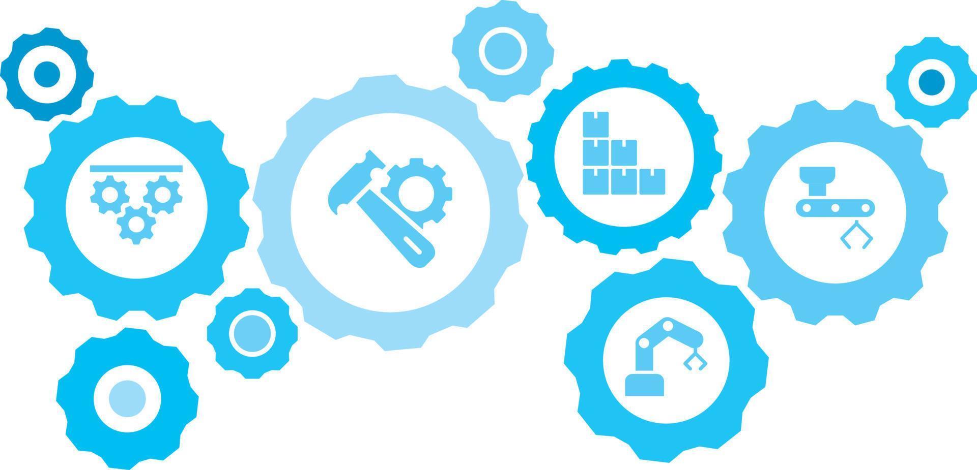 verbonden versnellingen en vector pictogrammen voor logistiek, onderhoud, Verzenden, verdeling, vervoer, markt, communiceren concepten. massa, productie, mechanisch arm uitrusting blauw icoon reeks Aan wit achtergrond
