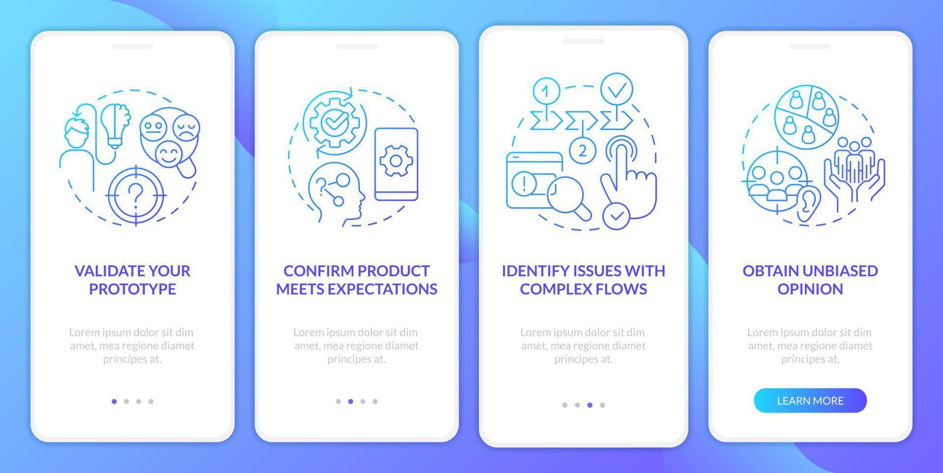 bruikbaarheid testen winsten blauw helling onboarding mobiel app scherm. Onderzoek walkthrough 4 stappen grafisch instructies met lineair concepten. ui, ux, gui sjabloon vector