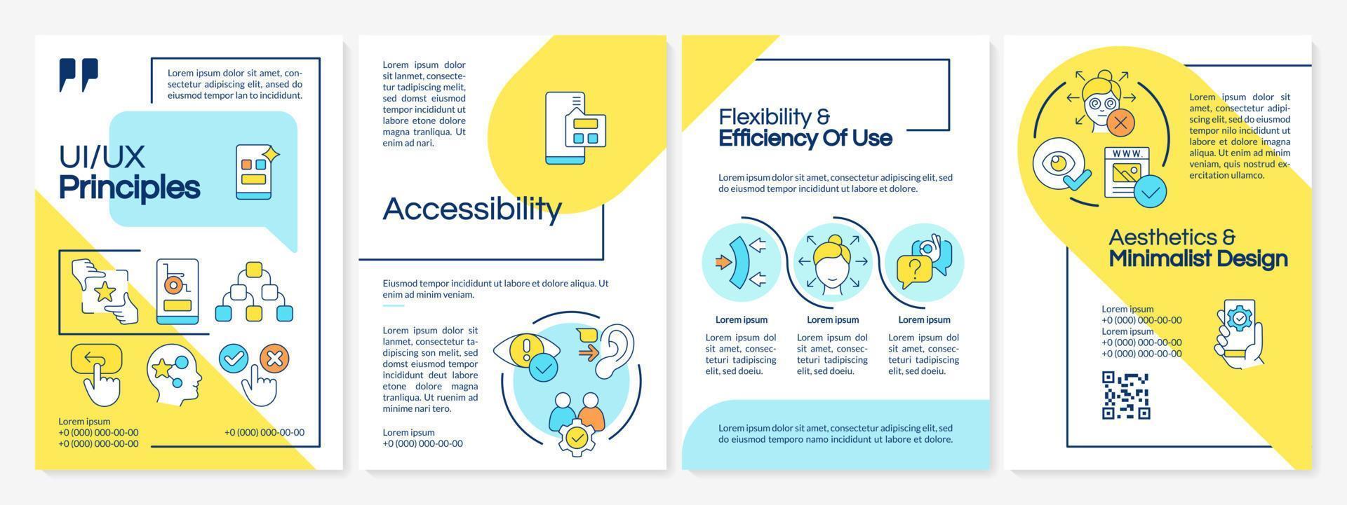 ui ux basics blauw en geel brochure sjabloon. gebruiker koppel. brochure ontwerp met lineair pictogrammen. bewerkbare 4 vector indelingen voor presentatie, jaar- rapporten