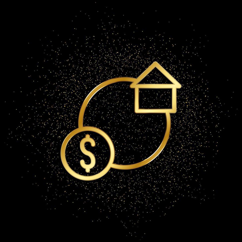 huis, aandelenbeurs, huis, geld goud icoon. vector illustratie van gouden deeltje achtergrond. echt landgoed concept vector illustratie .