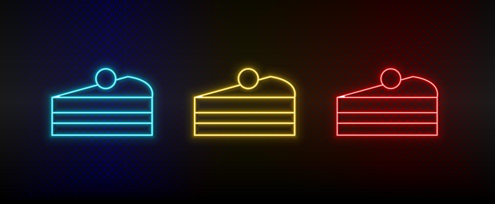 neon icoon reeks taart, bakkerij item. reeks van rood, blauw, geel neon vector icoon Aan donker achtergrond