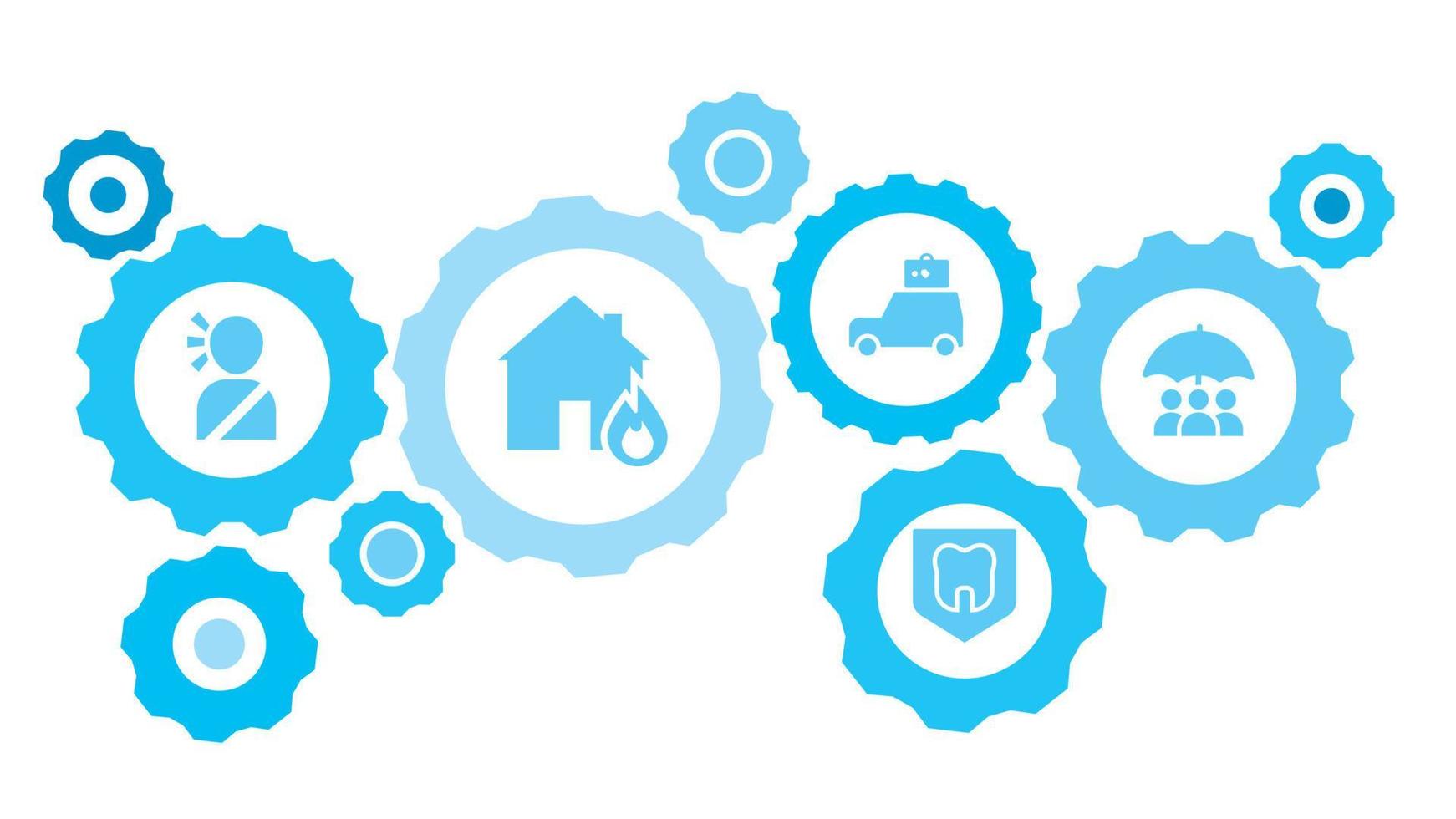verbonden versnellingen en pictogrammen voor logistiek, onderhoud, Verzenden, verdeling, vervoer, markt, communiceren concepten. bedrijf, medewerker, groep, verzekering uitrusting blauw icoon reeks Aan wit achtergrond vector