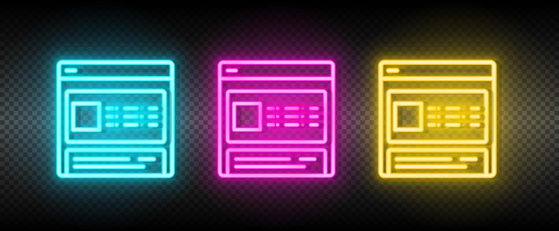 inhoud, online neon icoon set. media afzet vector illustratie neon blauw, geel, rood icoon reeks