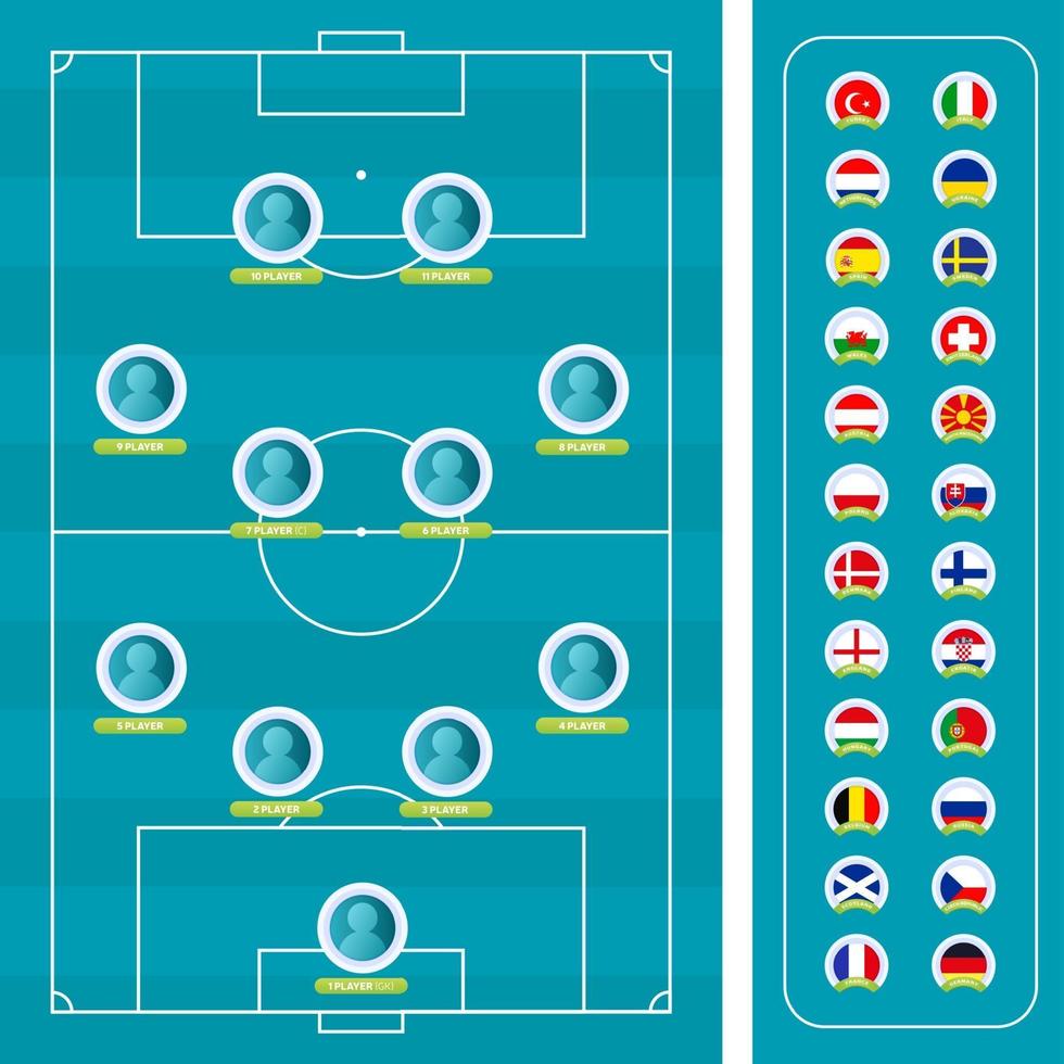 nationale teamvlag en voetbalveld. bovenaanzicht vector