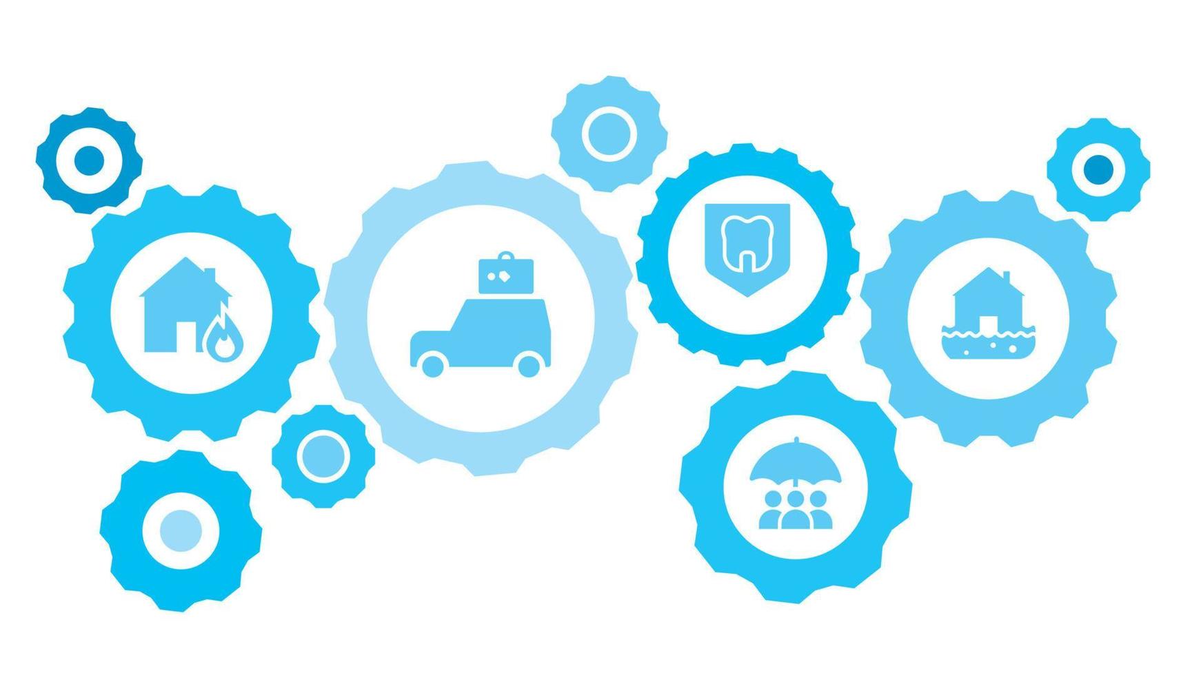 verbonden versnellingen en pictogrammen voor logistiek, onderhoud, Verzenden, verdeling, vervoer, markt, communiceren concepten. vuur, huis, huis, verzekering, overstroming water uitrusting blauw icoon reeks Aan wit achtergrond vector