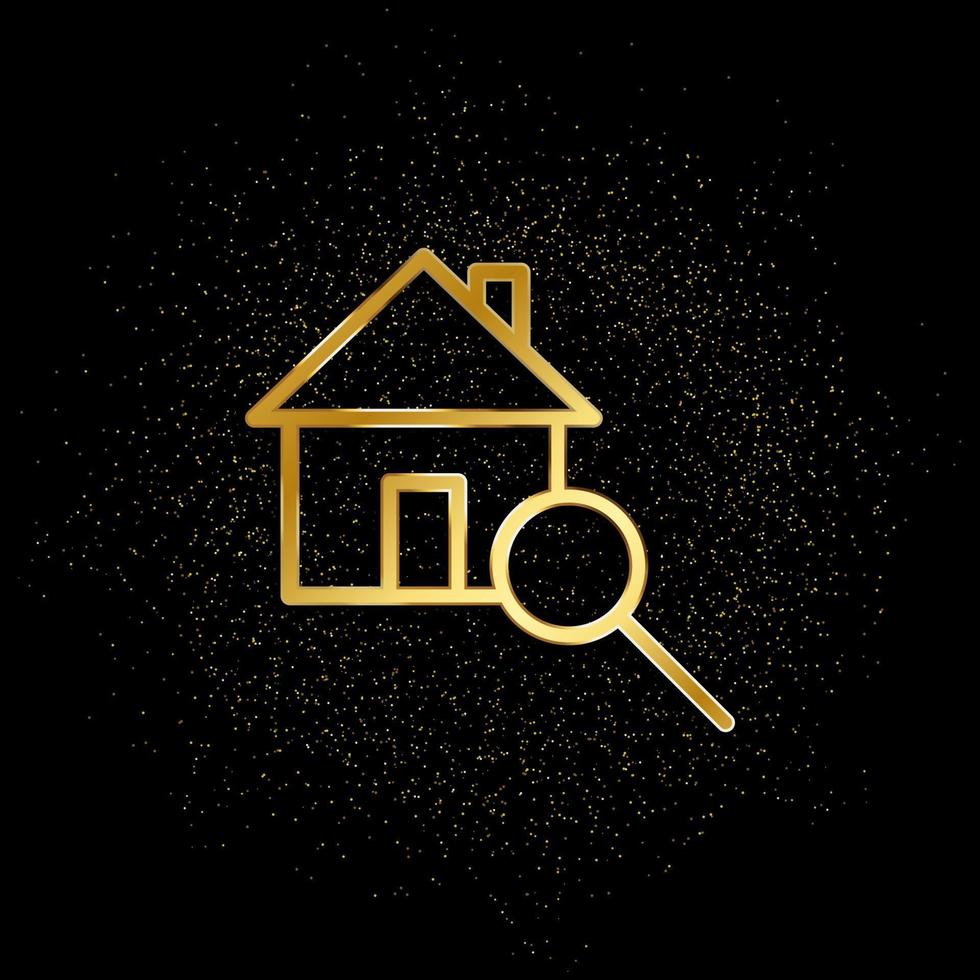 huis, zoeken goud icoon. vector illustratie van gouden deeltje achtergrond. echt landgoed concept vector illustratie .