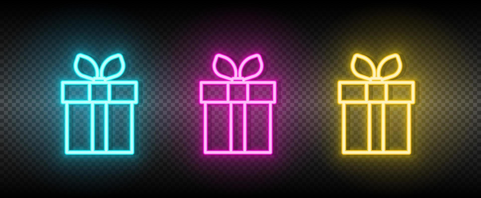 geschenk, doos, online neon icoon set. media afzet vector illustratie neon blauw, geel, rood icoon reeks