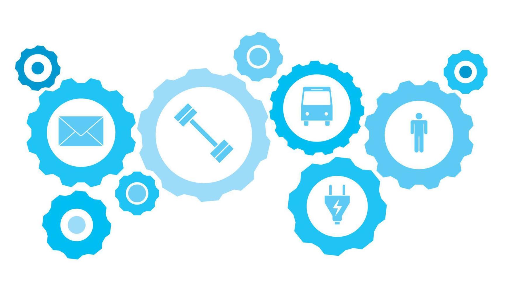 Mens uitrusting blauw icoon set. abstract achtergrond met verbonden versnellingen en pictogrammen voor logistiek, onderhoud, Verzenden, verdeling, vervoer, markt, communiceren concepten vector