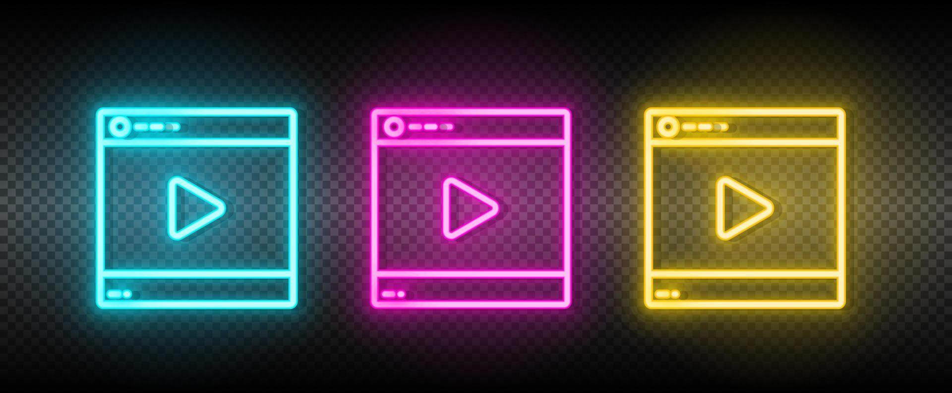 video speler, online neon icoon set. media afzet vector illustratie neon blauw, geel, rood icoon reeks