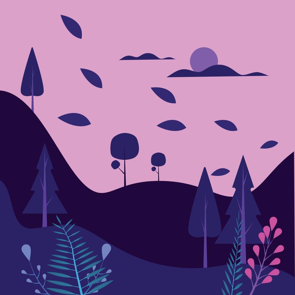 vector illustratie in gemakkelijk modern stijl - natuur met heuvels en bomen, bergen - abstract landschap achtergrond voor websites, spandoeken, dekt. fantasie tafereel concept, dromen wereld