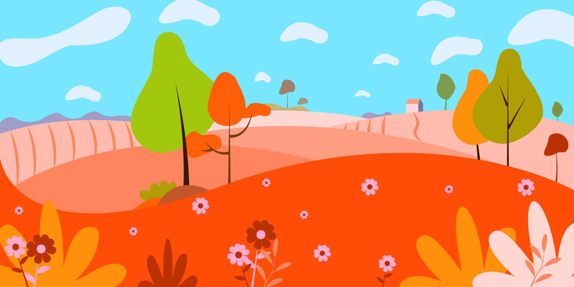 panoramisch van platteland landschap in herfst, vector illustratie van horizontaal banier van herfst landschap bergen en bomen met geel gebladerte