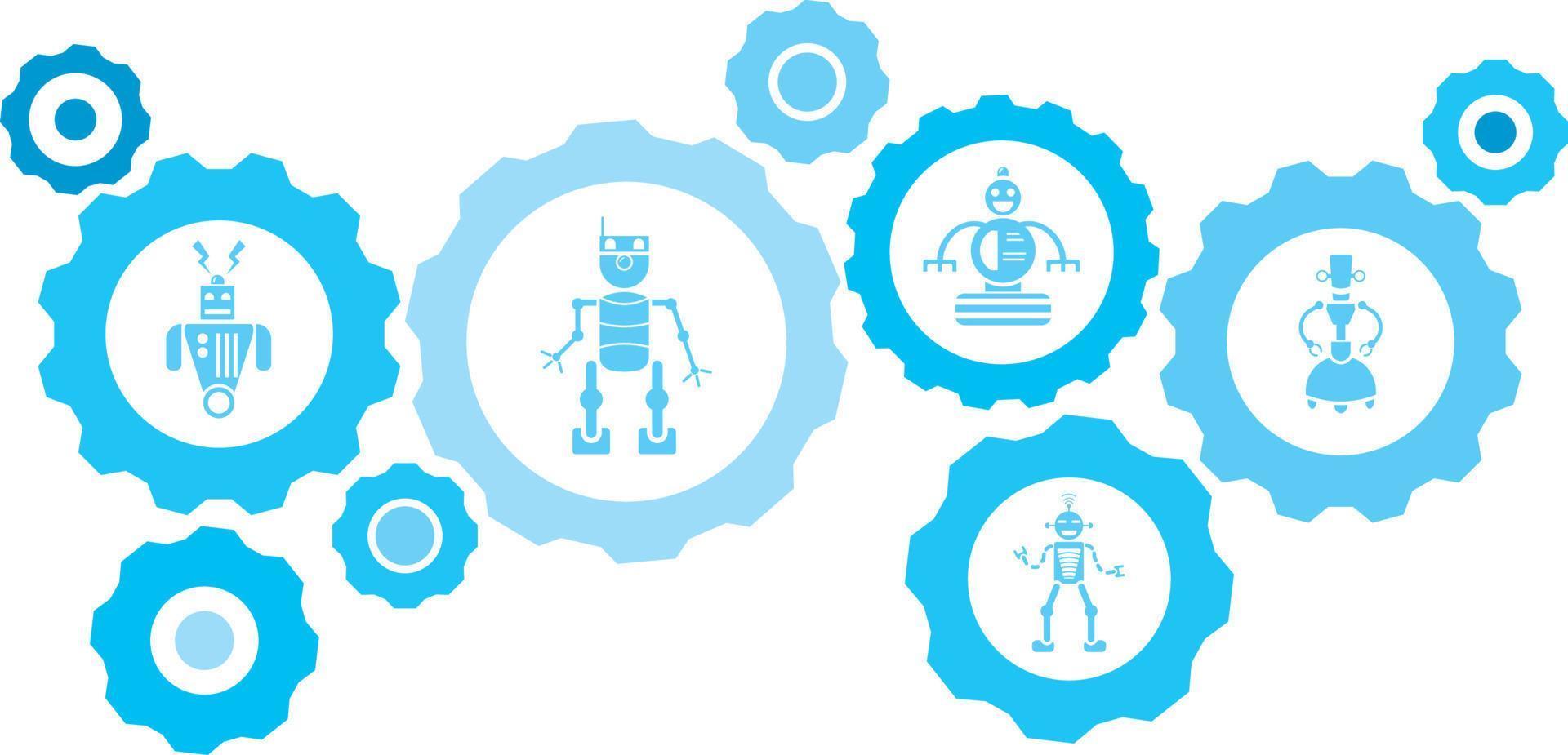 robot, icoon, technologie blauw uitrusting set. abstract achtergrond met verbonden versnellingen en pictogrammen voor logistiek, onderhoud, Verzenden, verdeling, vervoer, markt, communiceren concepten Aan wit achtergrond vector