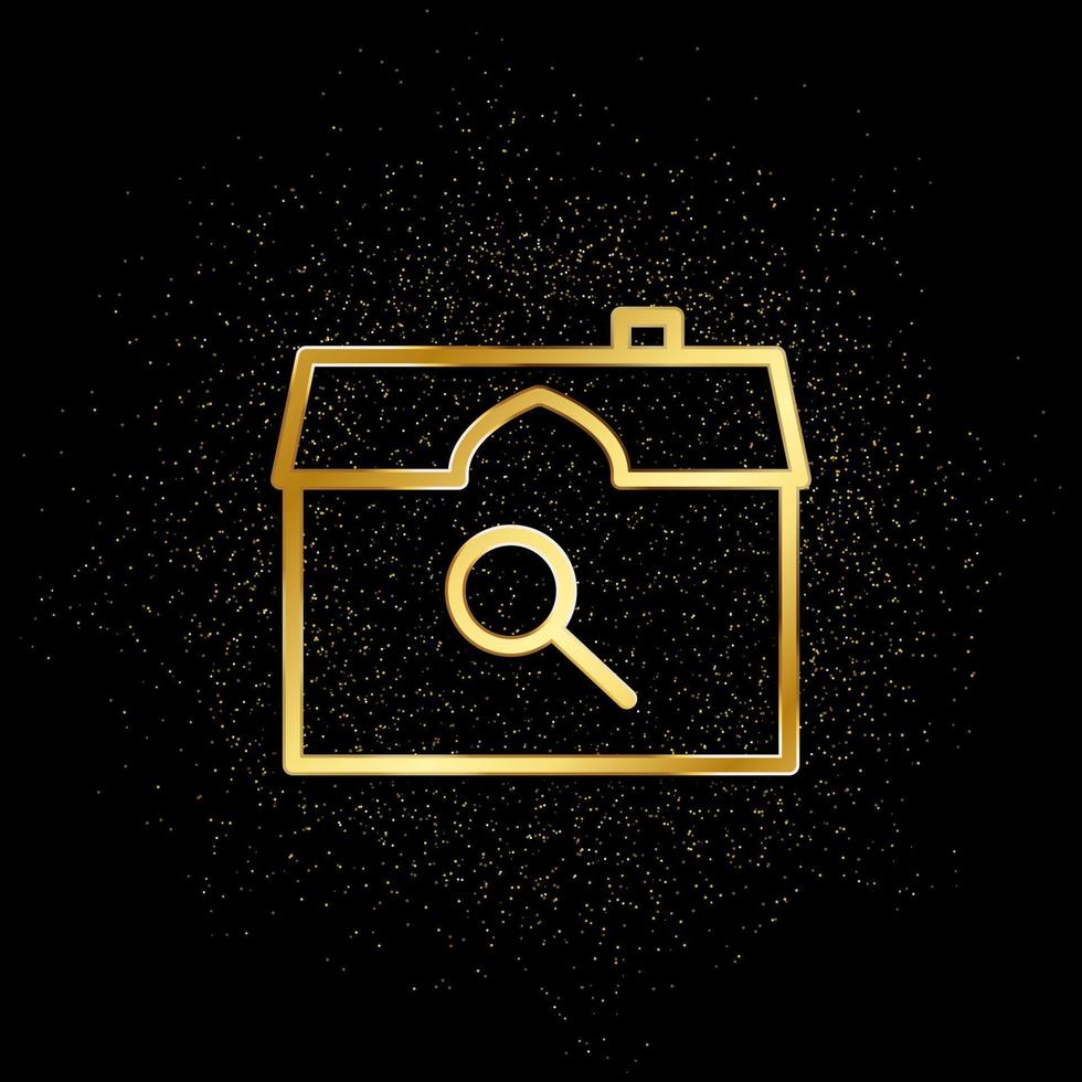 huis, huis, zoeken goud icoon. vector illustratie van gouden deeltje achtergrond. echt landgoed concept vector illustratie .