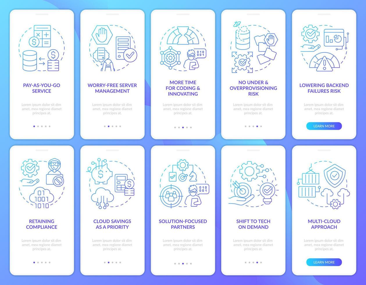 digitaal wolk trends blauw helling onboarding mobiel app scherm set. walkthrough 5 stappen grafisch instructies met lineair concepten. ui, ux, gui sjabloon vector