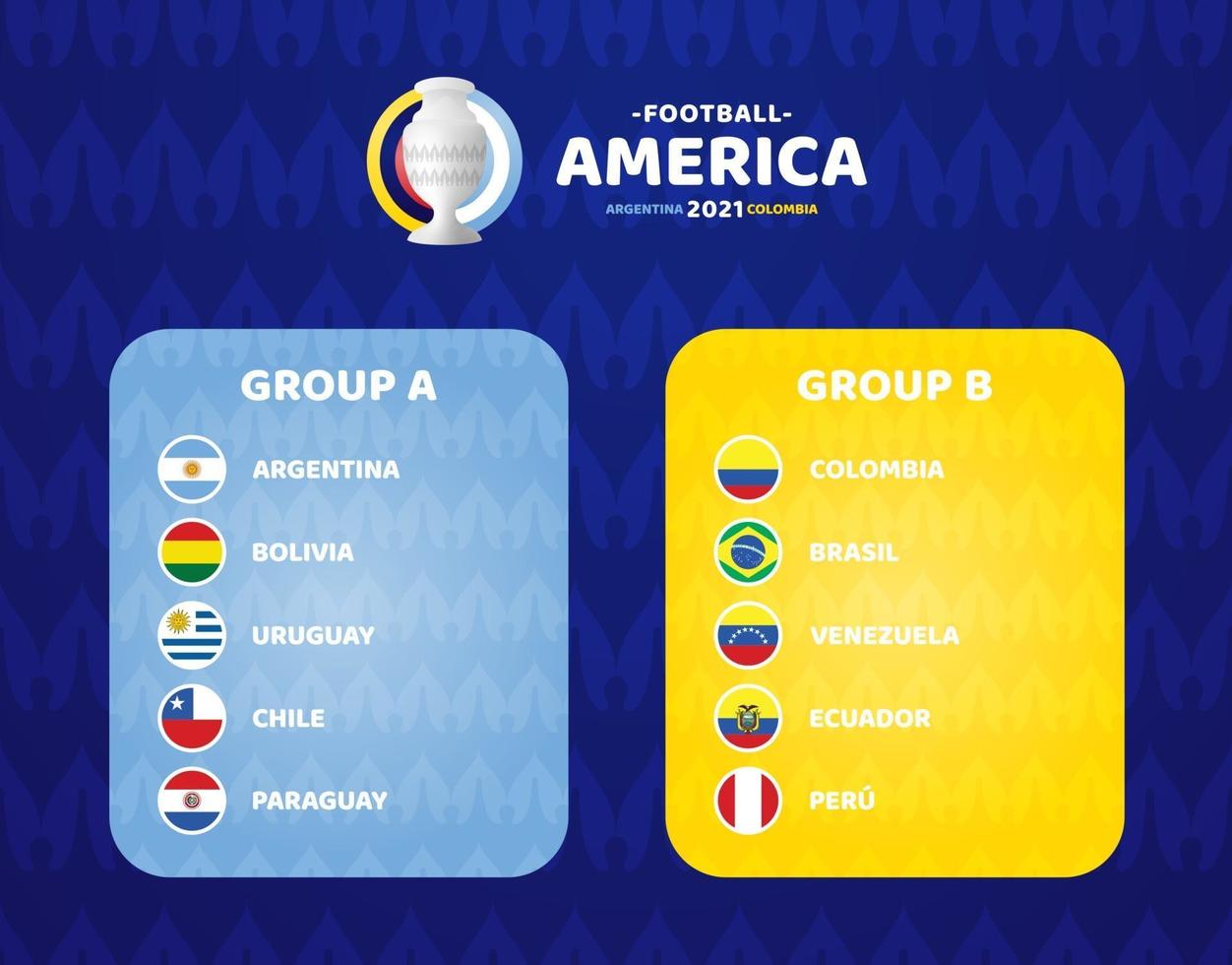 Zuid-Amerika voetbal 2021 Argentinië Colombia vectorillustratie. twee groep a en groep b laatste fase voetbaltoernooi vector