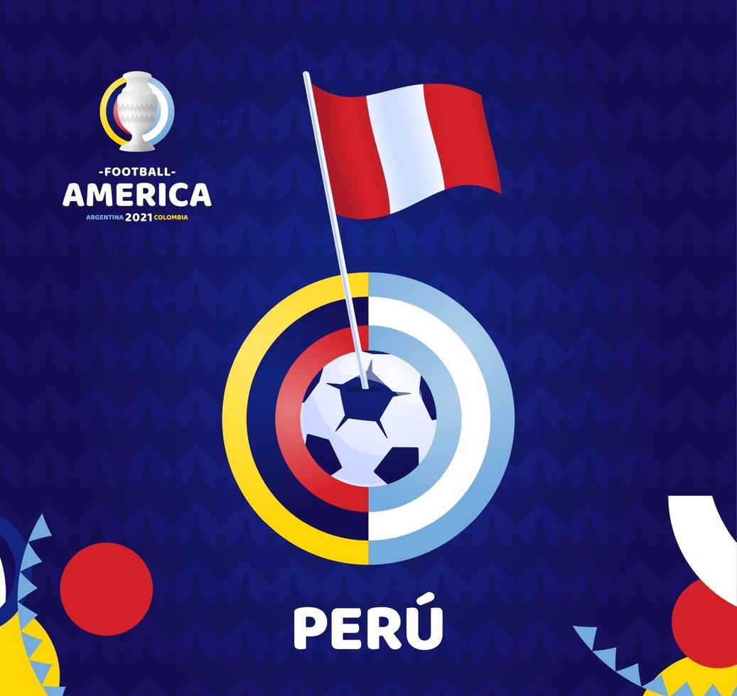 peru golfvlag op paal en voetbalbal. Zuid-Amerika voetbal 2021 Argentinië Colombia vectorillustratie. toernooi patroon abckground vector